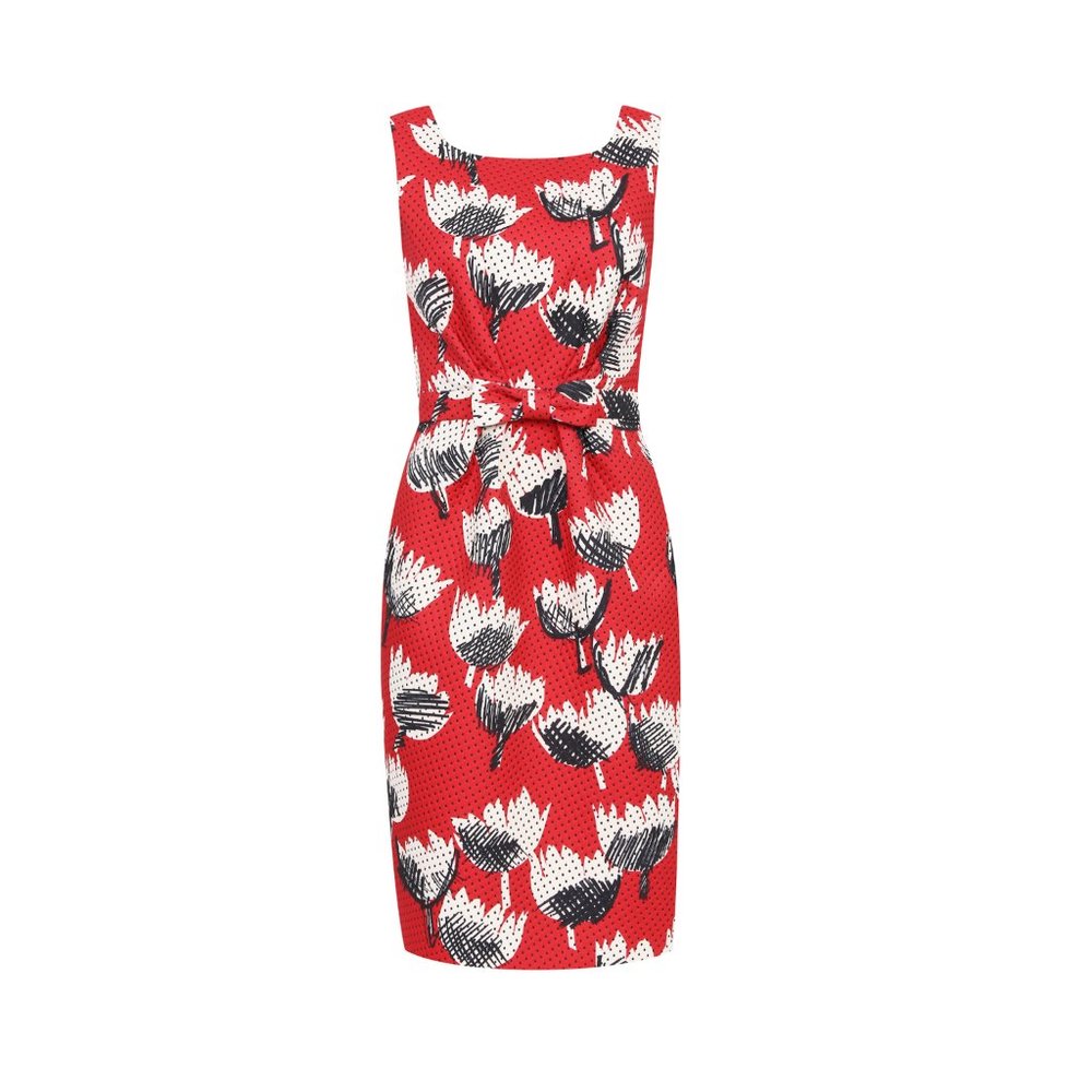Moschino Red Floral Sheath Dress with Black and White Print
